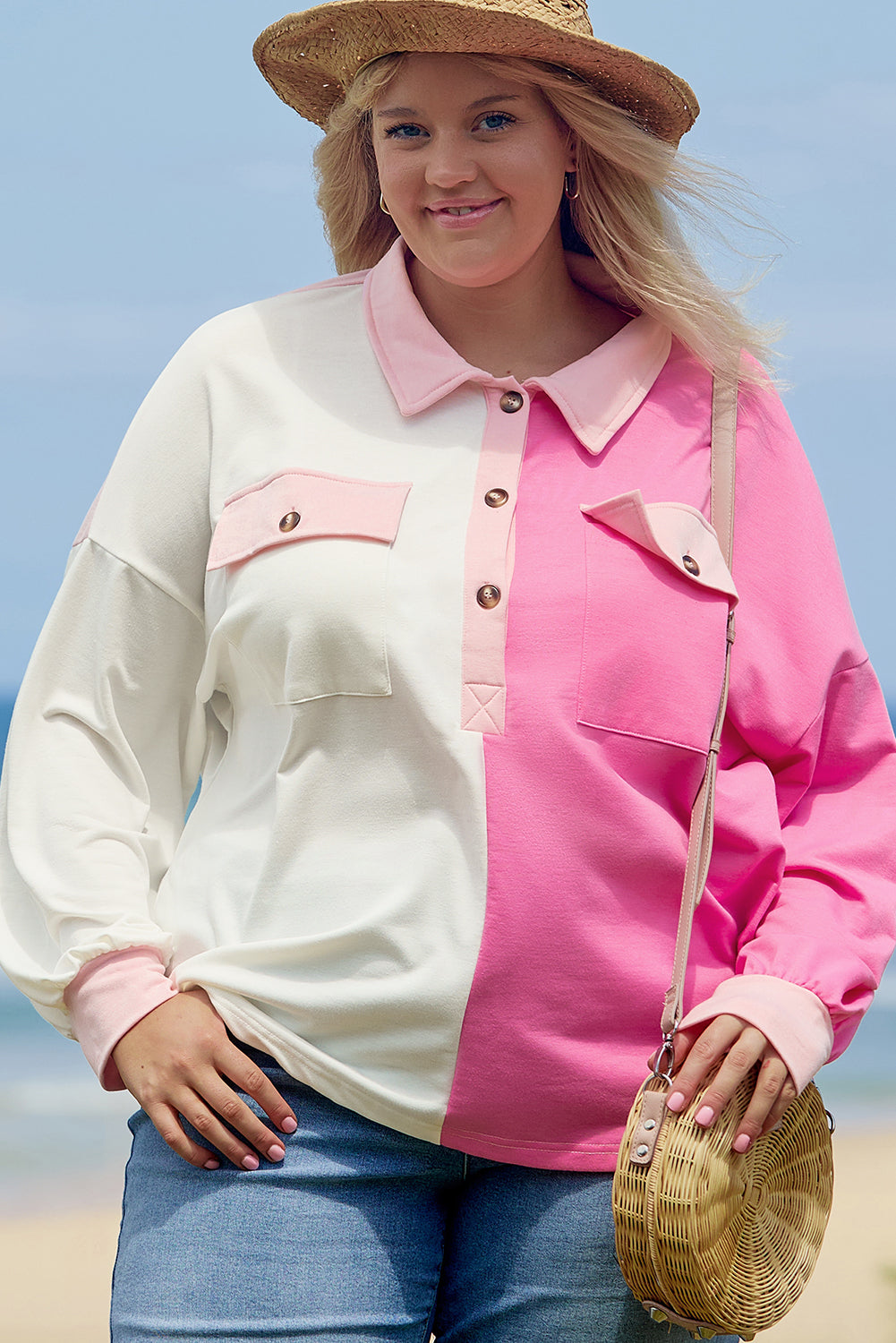 Bonbon Color Block Sweatshirt with Chest Pockets and Half Button, Plus Size