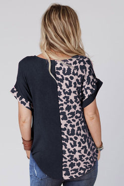 Black top with short sleeves and half-leopard patchwork