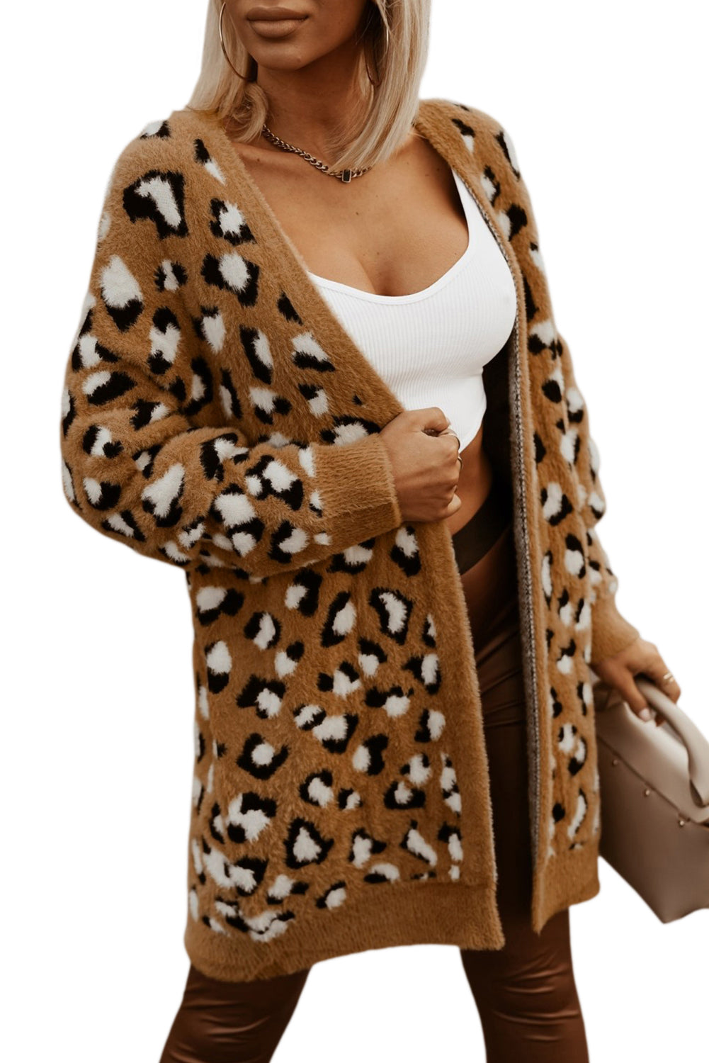 Cardigan in pelliccia di stampa leopardata marrone