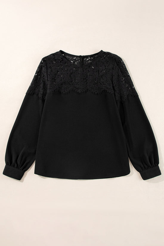 Black long sleeve crochet lace crew neck top