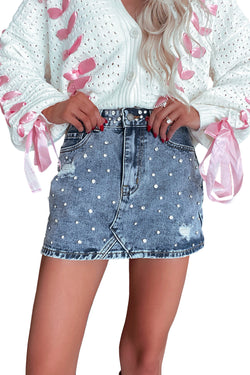 Mini-jupe taille haute en Jean effet vieilli avec strass *