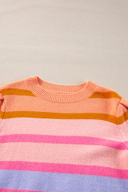 Short sleeve sweater with pink red colored stripes