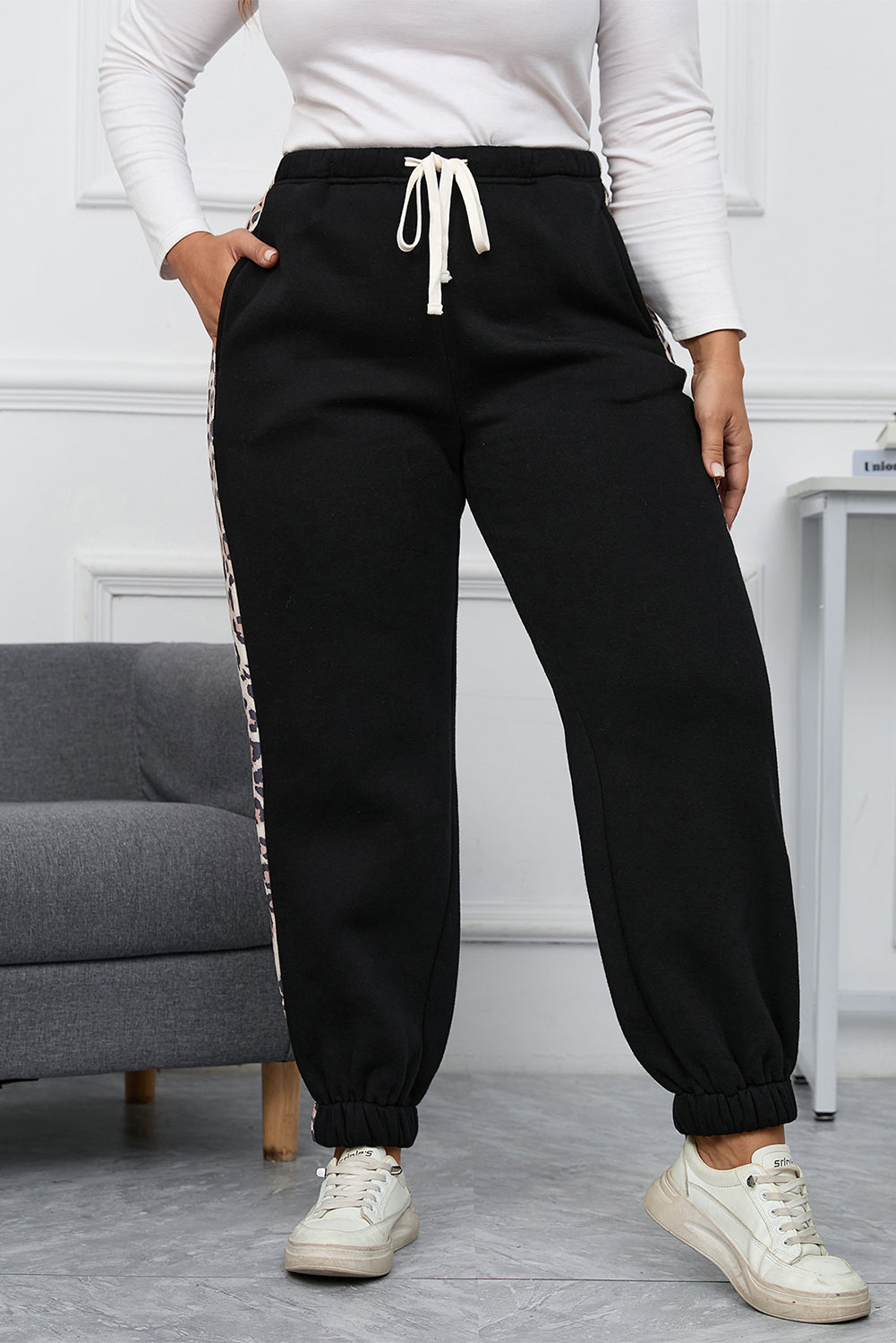 Black Plus Times Contrast Leopard Side Jogger