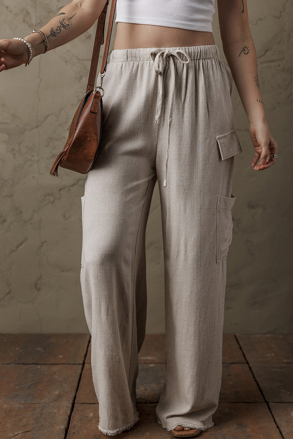 Beige Boho Linen Drawstring Waist Raw Edge Cargo Loose Pants