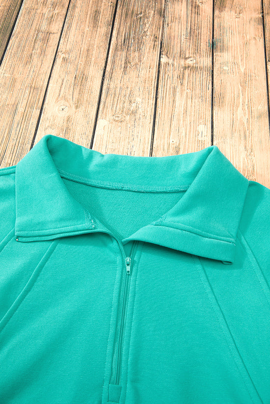 Aruba Blue Quarter Zip Sweatshirt with Stand Collar and Kangaroo Pocket