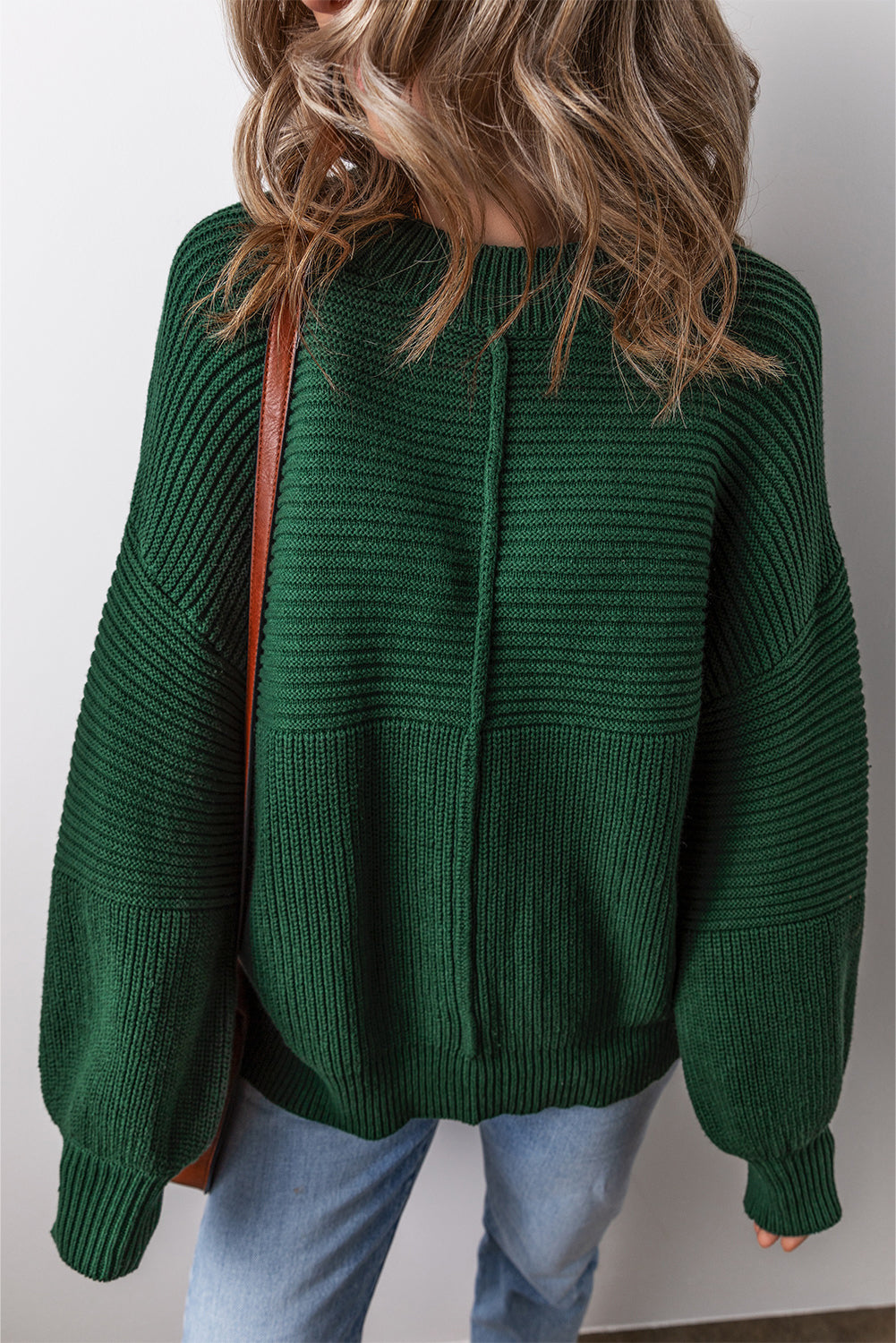 Pull à manches lanternes et col rond en tricot texturé vert noirâtre