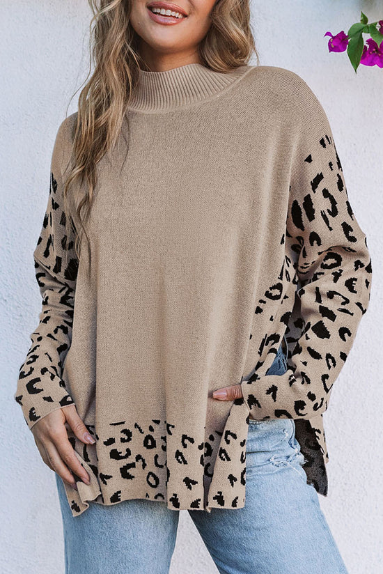 Oversize sweater khaki leopard with high collar *