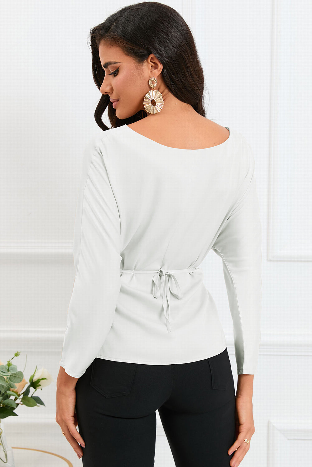 White Lace-up Wrapped Split Hem Solid Long Sleeve Top