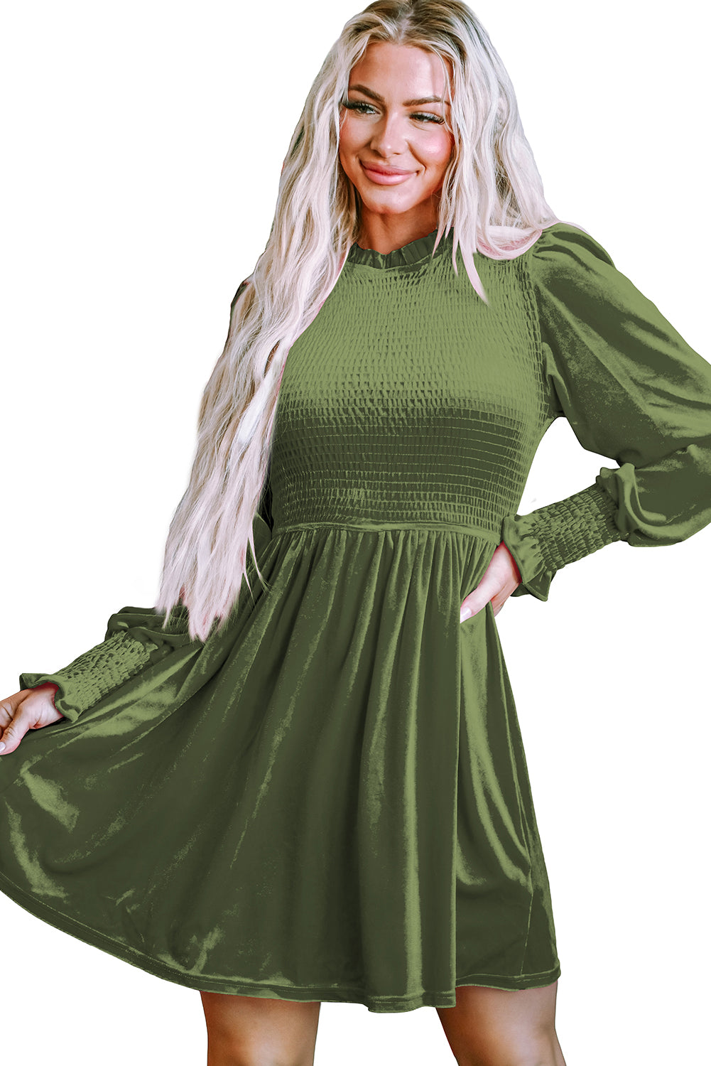 Moss Green Frilled Frilled Bodice Smiked Stod Velvet Dress