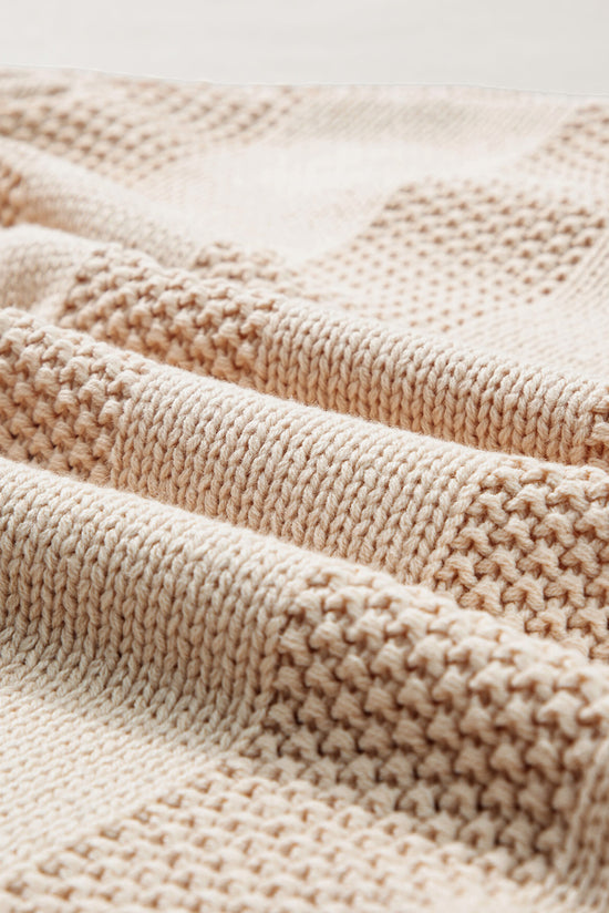 Solid Color Pale Khaki Cable Knit Ribbed Loose Sweater