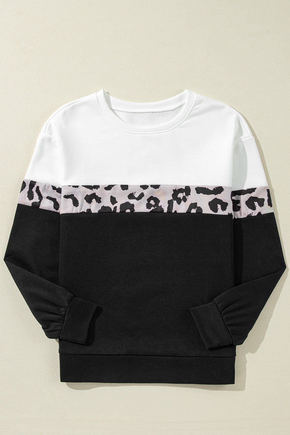 Black Leopard Colorblock Round Neck Long Sleeve Top