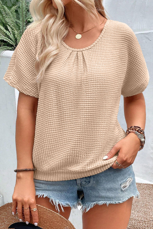 Beige Guipure Spitzeneinsatz strukturierte Plus -Größe T -Shirt