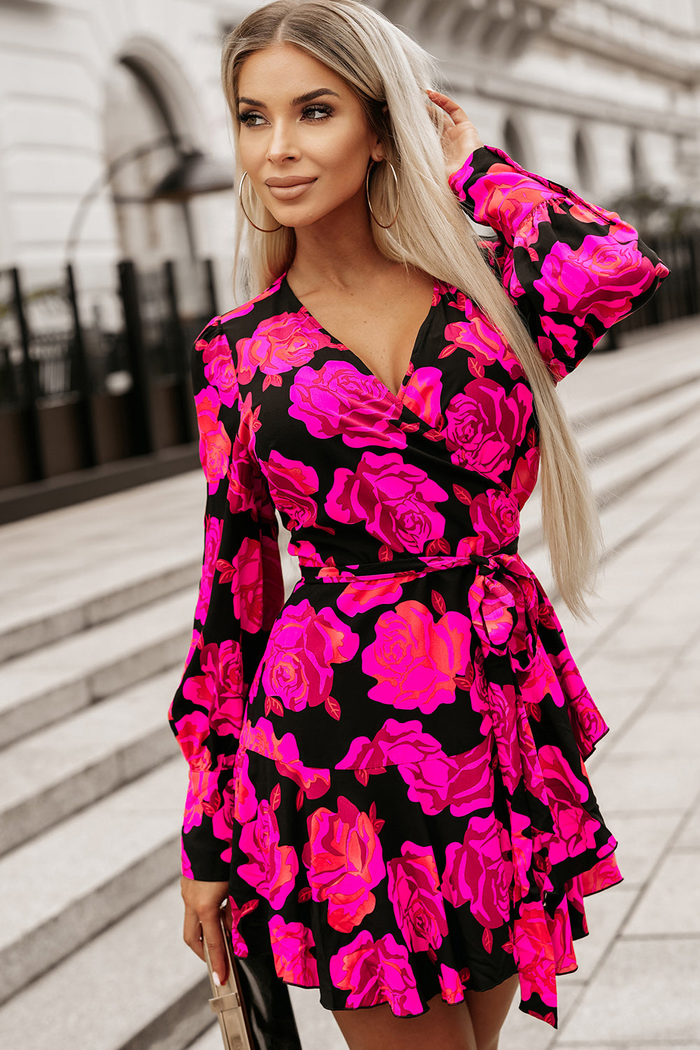 Rose Floral Imprime en V Wrap Bishop Sleeve Ruffle Mini Robe