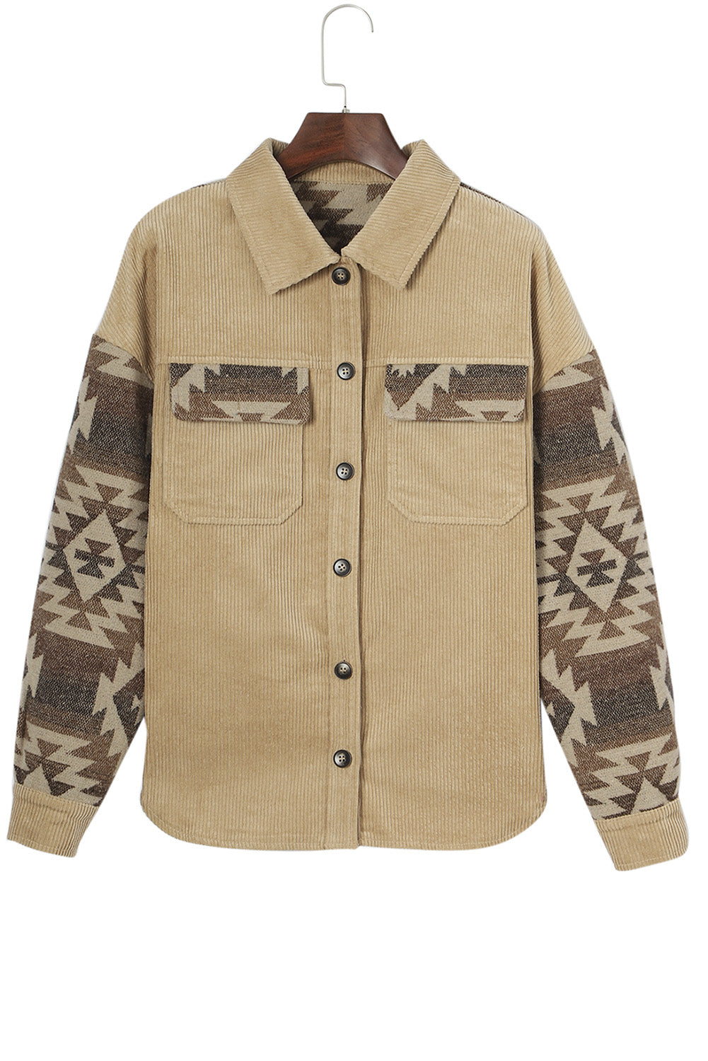 Khaki Aztec Print Patchwork Patchwork Edge Corderhoy Veste