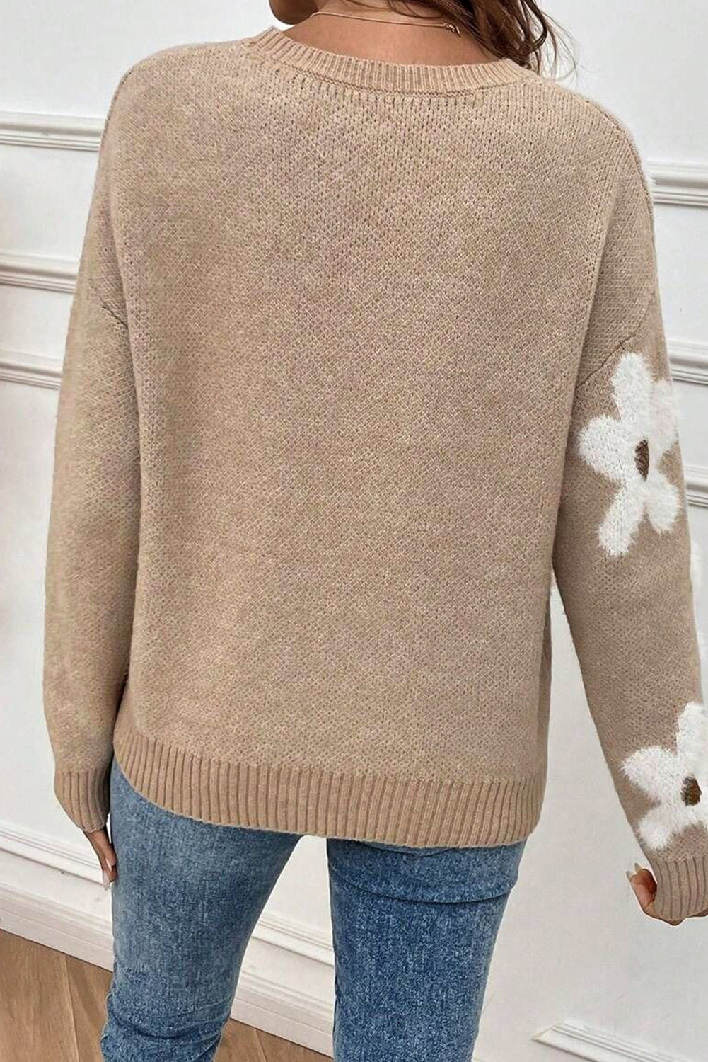 Parchment Flower Pattern Ribbed Crew Neck Sweater