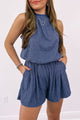 Crinkled Textured Romper with High Neck and Blue Bow at Back