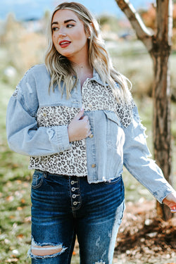 Plus Size Blue Leopard Ripped Short Denim Jacket