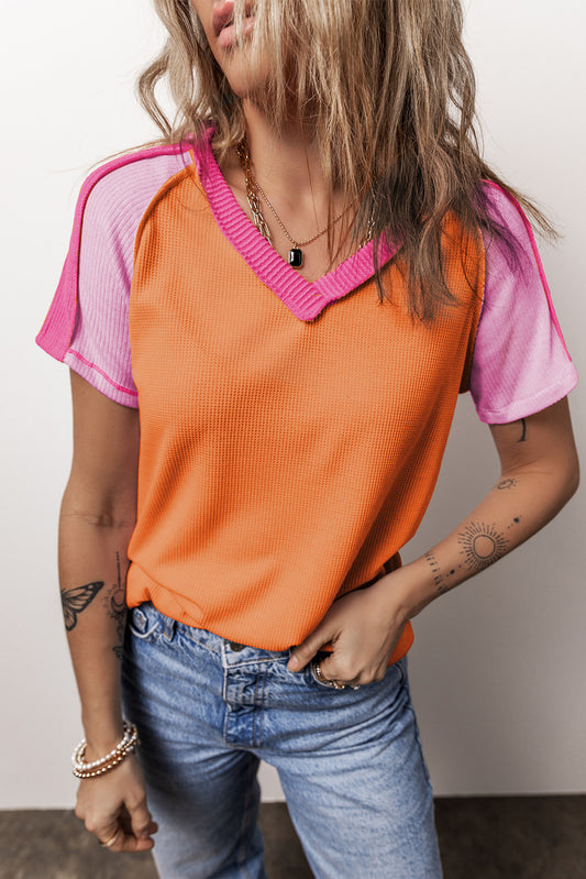 Orange Exposed Seam Color Block Knitted V Neck T-shirt