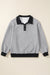 Light gray textured sweatshirt with color block edges and button-down collar