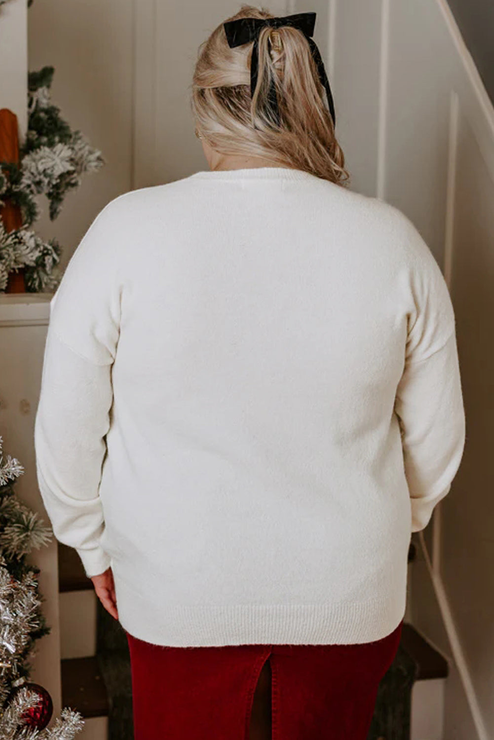 Pull de Noël à motif joyeux et lumineux avec guirlandes blanches, grande taille