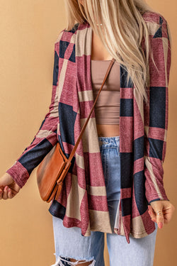 Open Front Plaid Draped Cardigan