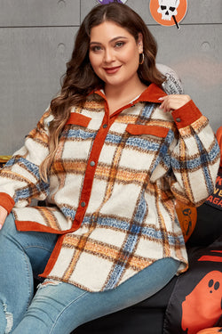 Plus Size Brown Striped Plaid Print Collar Button Down Jacket