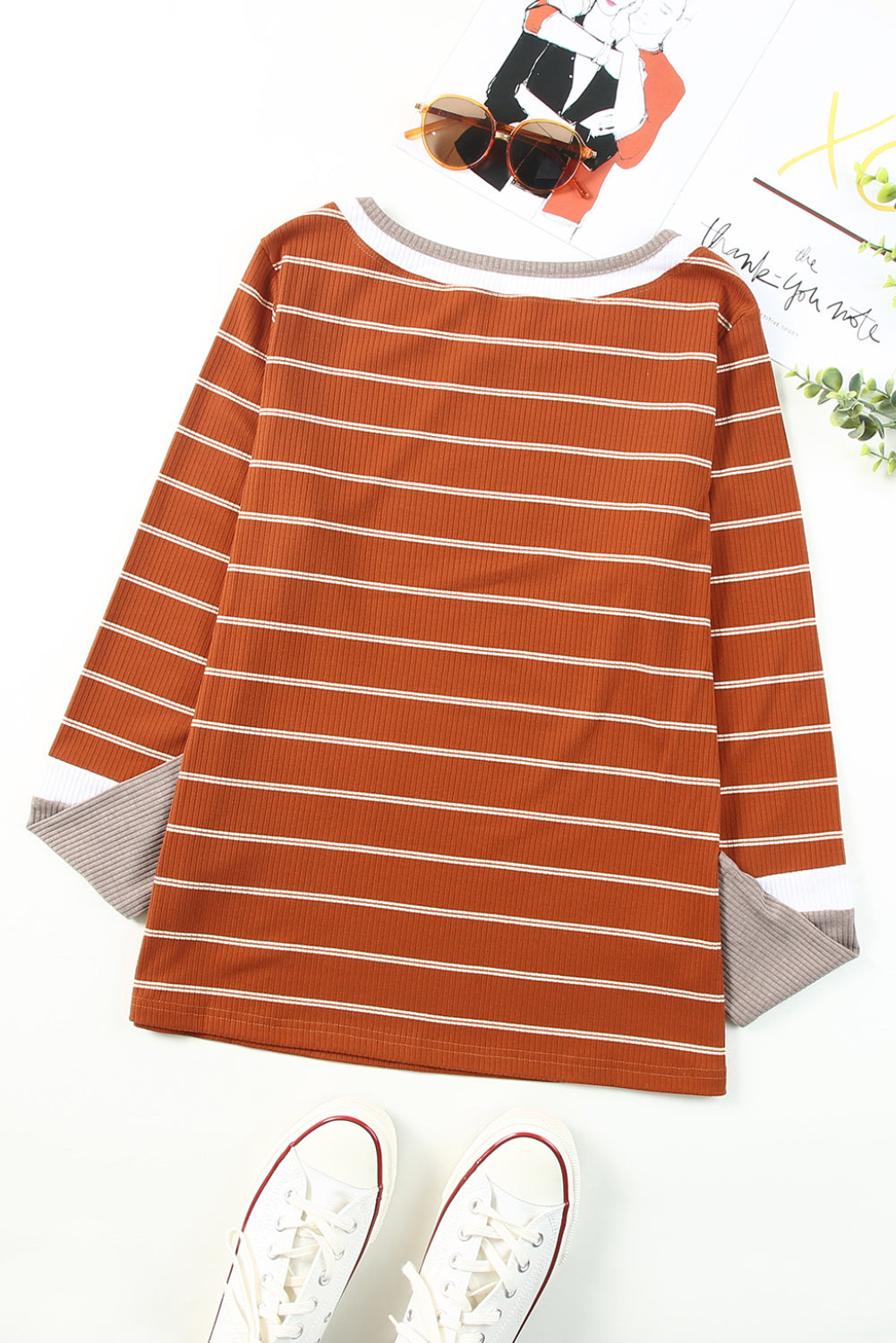 Brown Extend Color Block Cuffs Rib Knit Striped Pullover