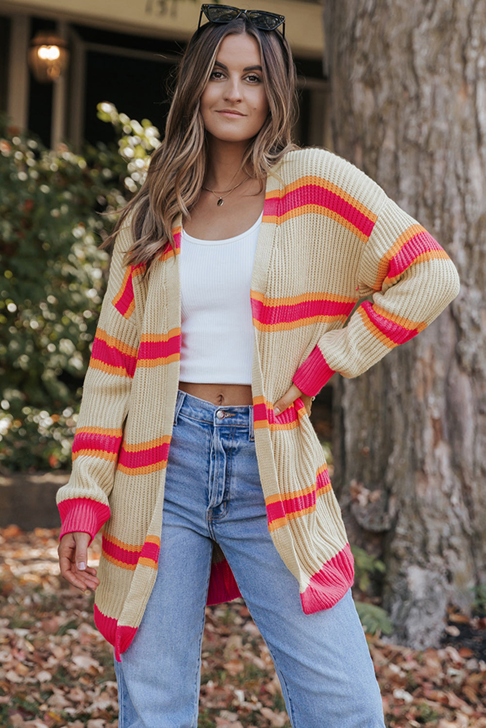 Striped Printed Ribbed Knitted Long Cardigan