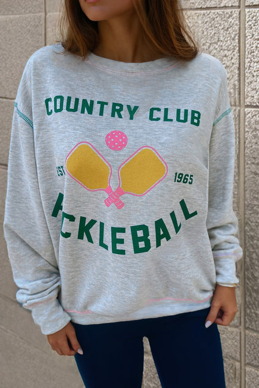 Sweat-shirt décontracté gris clair COUNTRY CLUB PICKLEBALL avec coutures apparentes