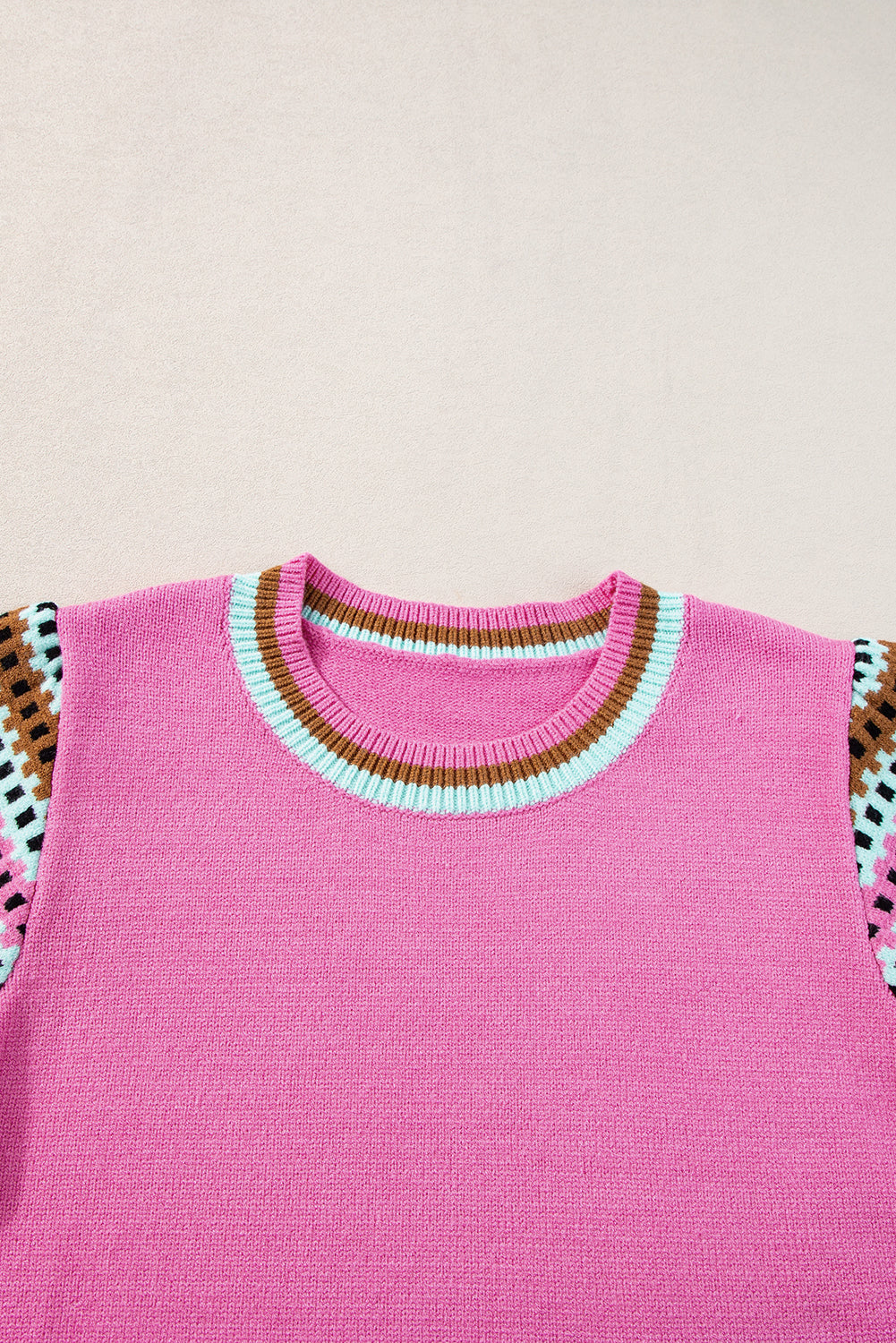 Bright Pink Contrast Printed Cap Sleeves Crewneck Sweater