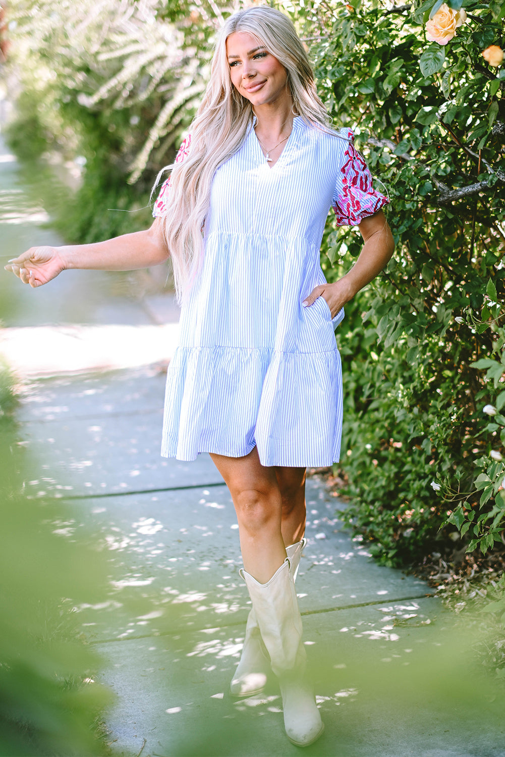 Sky Blue Stripe Contrast Floral Puff Sleeve Tiered Ruffle Dress