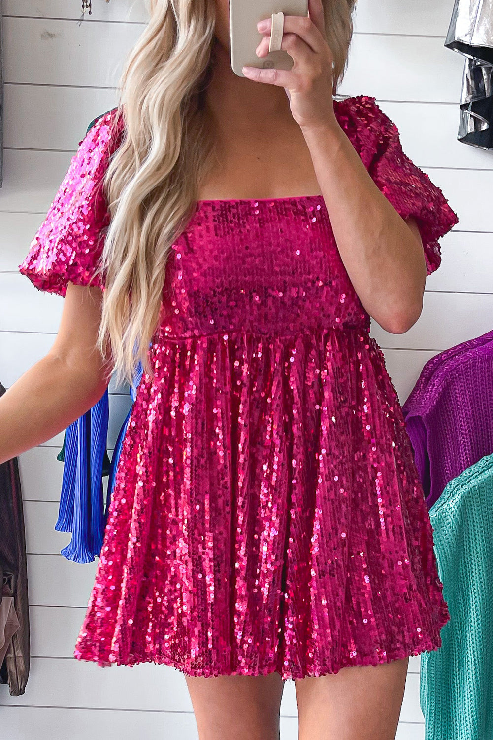 Pink Red Sequin Babydoll Romper with Short Puff Sleeves