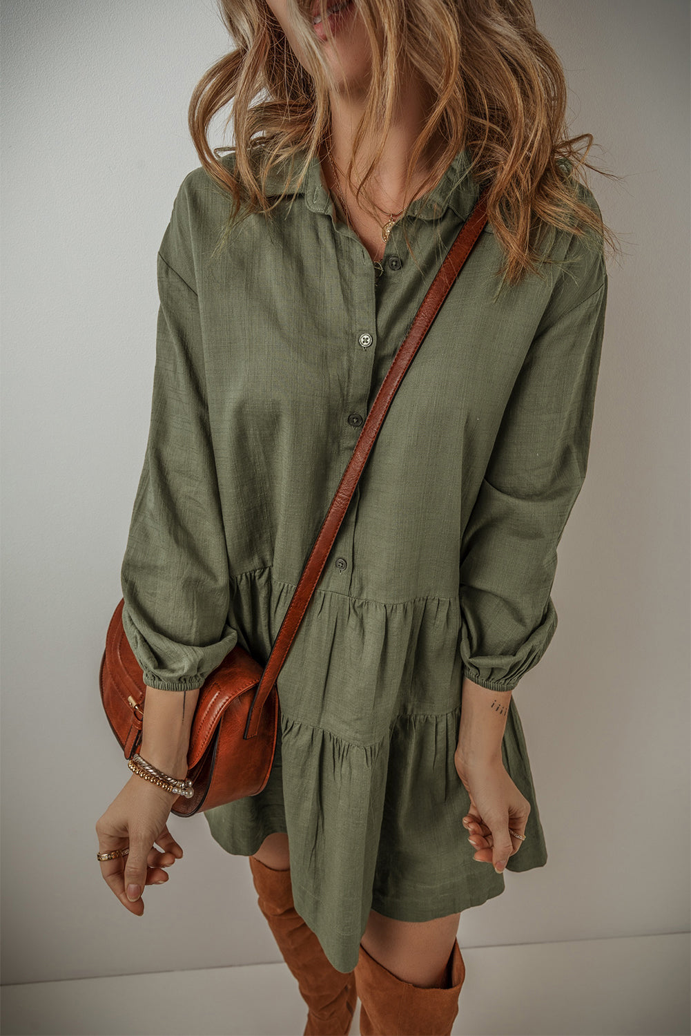 Jungle Green Puff manga abotonada camisa plisada mini vestido