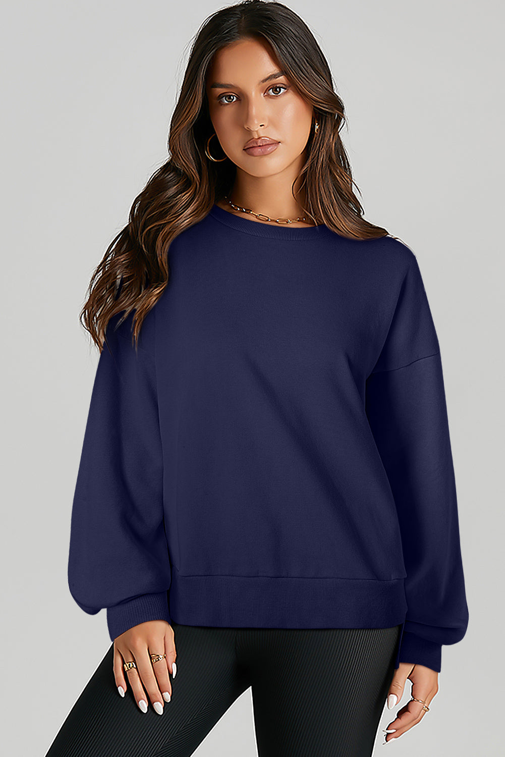 Navy Blue Solid O Neck High Low Hem Pullover Sweatshirt