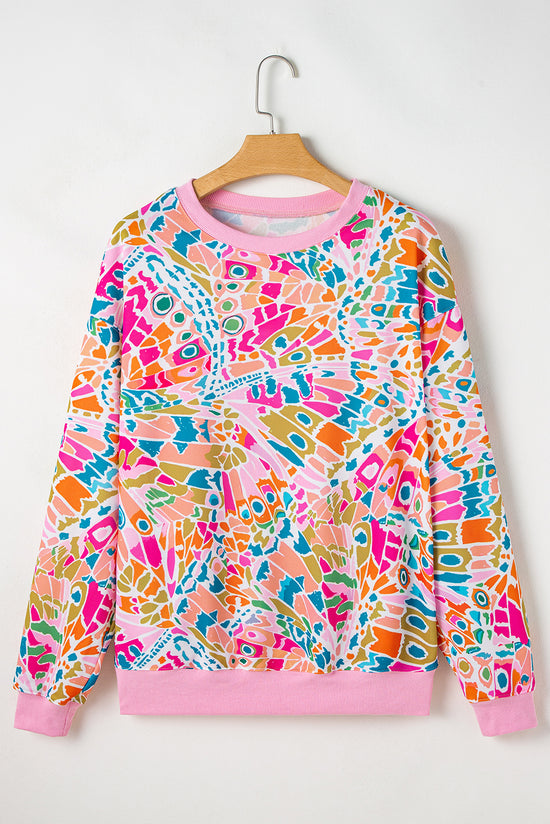 Pink Abstract Print Drop Shoulder Loose Sweatshirt