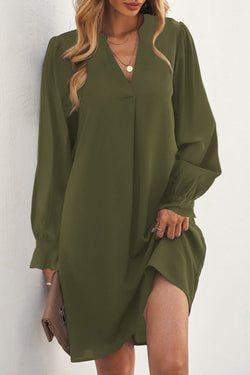 Green V-neck slit shirt dress with ruffle sleeves