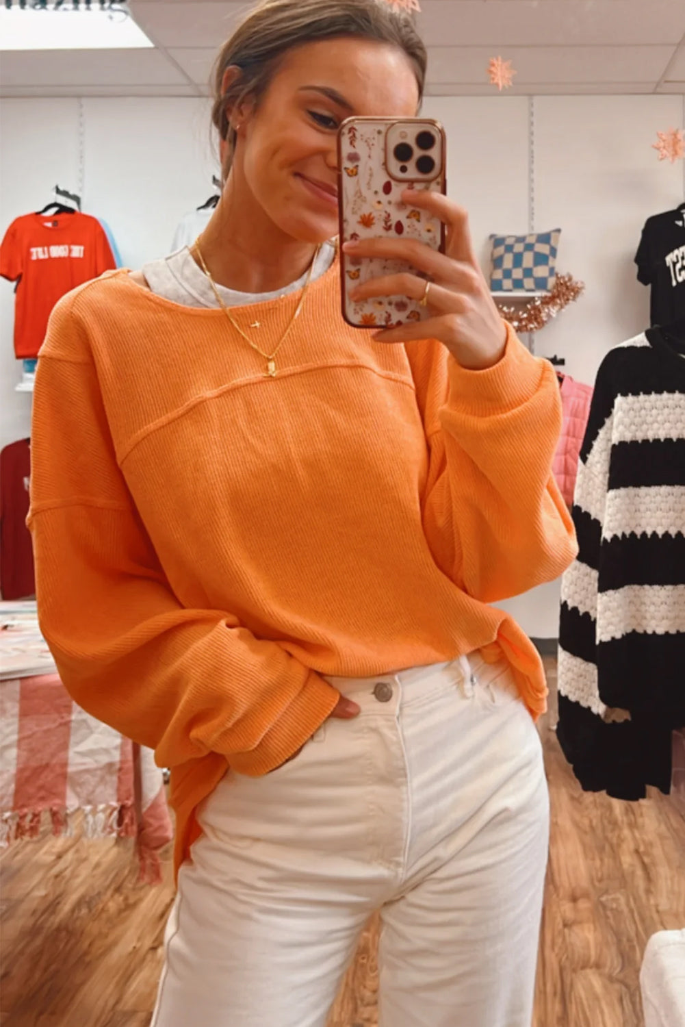 Grapefruit Orange Solid Color Textured Long Sleeve Top