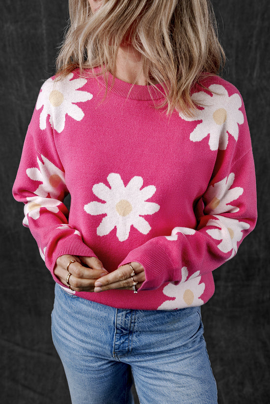 Hot Pink Daisy Flower Crew Neck Long Sleeve Sweater