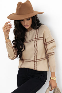 Khaki sweater with falling knitted shoulders with Scottish pattern