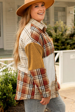 Golden Apricot - Plus Size Plaid Patchwork Button Down Jacket