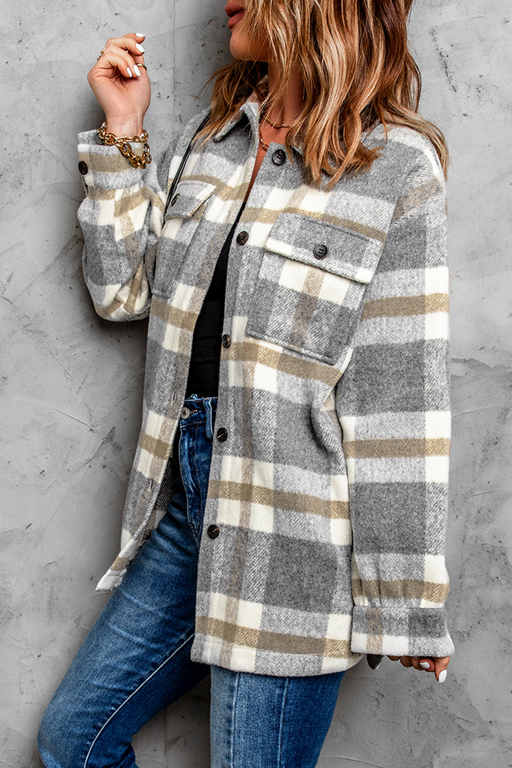Women's jacket with pocket in brown plaid print