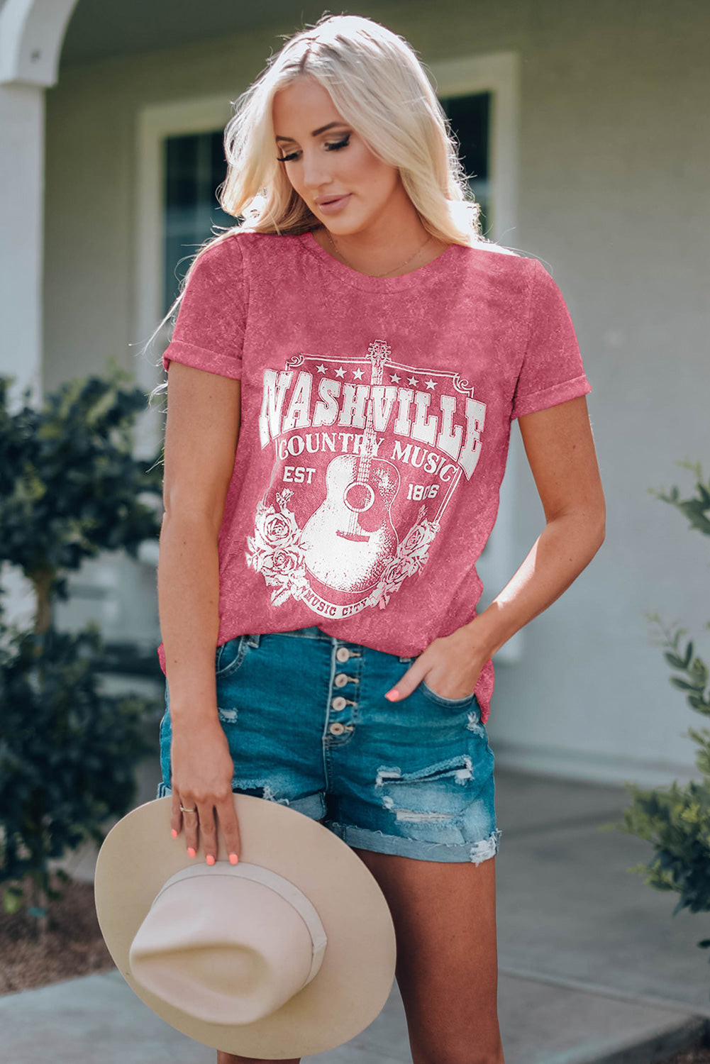 T-shirt délavé minéral graphique Nashville Music City rouge ardent