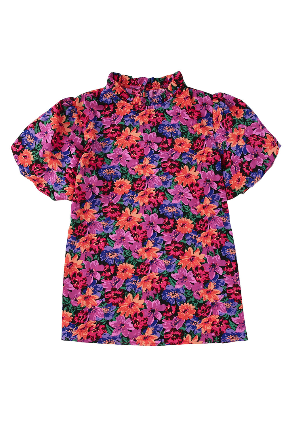 Blusa de manga de hojaldre de cuello redondo de estampado floral multicolor