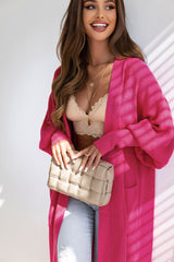 Cardigan tricoté à manches bulles et poches latérales roses-A WOMAN WE LOVE