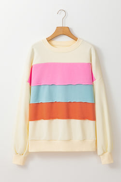 White crew neck sweatshirt with dropped shoulders in color block patchwork