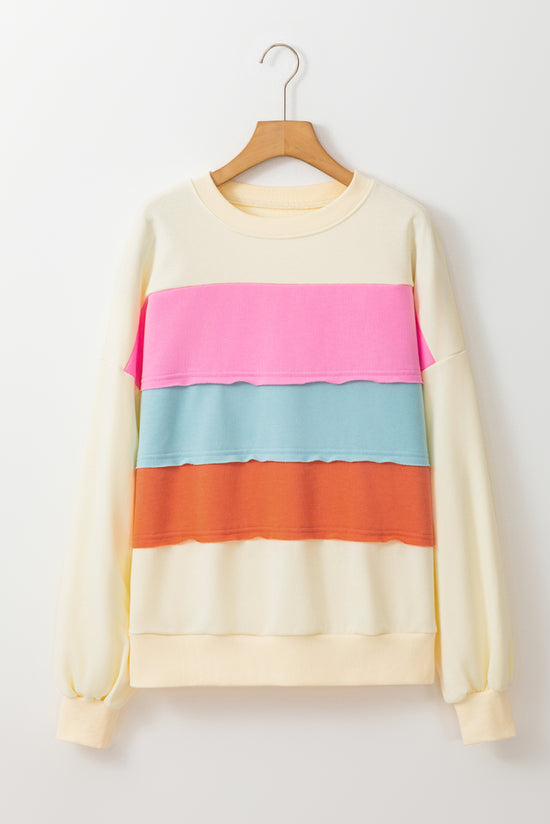 White crew neck sweatshirt with dropped shoulders in color block patchwork