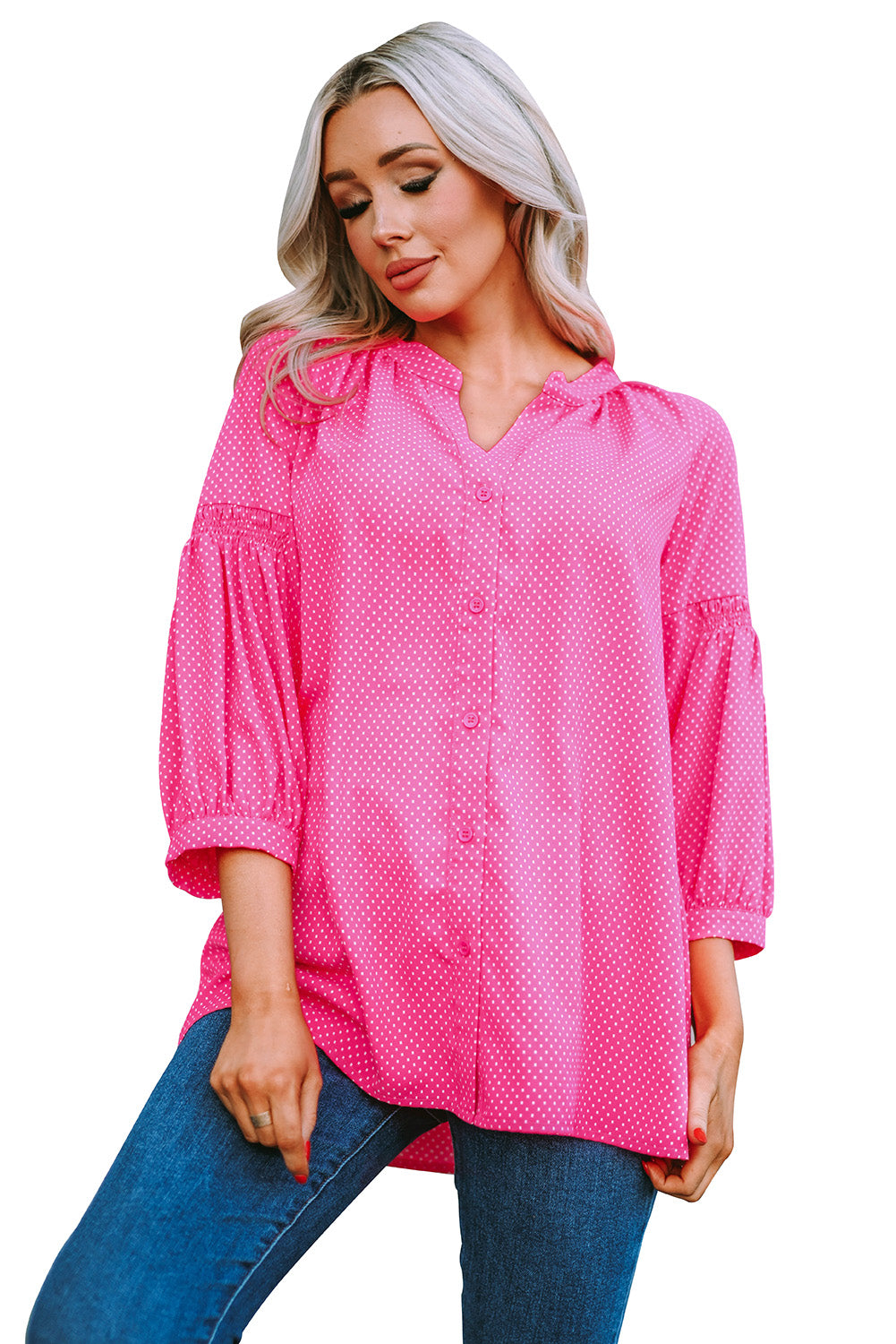 Pink 3/4 Ärmel gepunktete Drucklöses Shirt