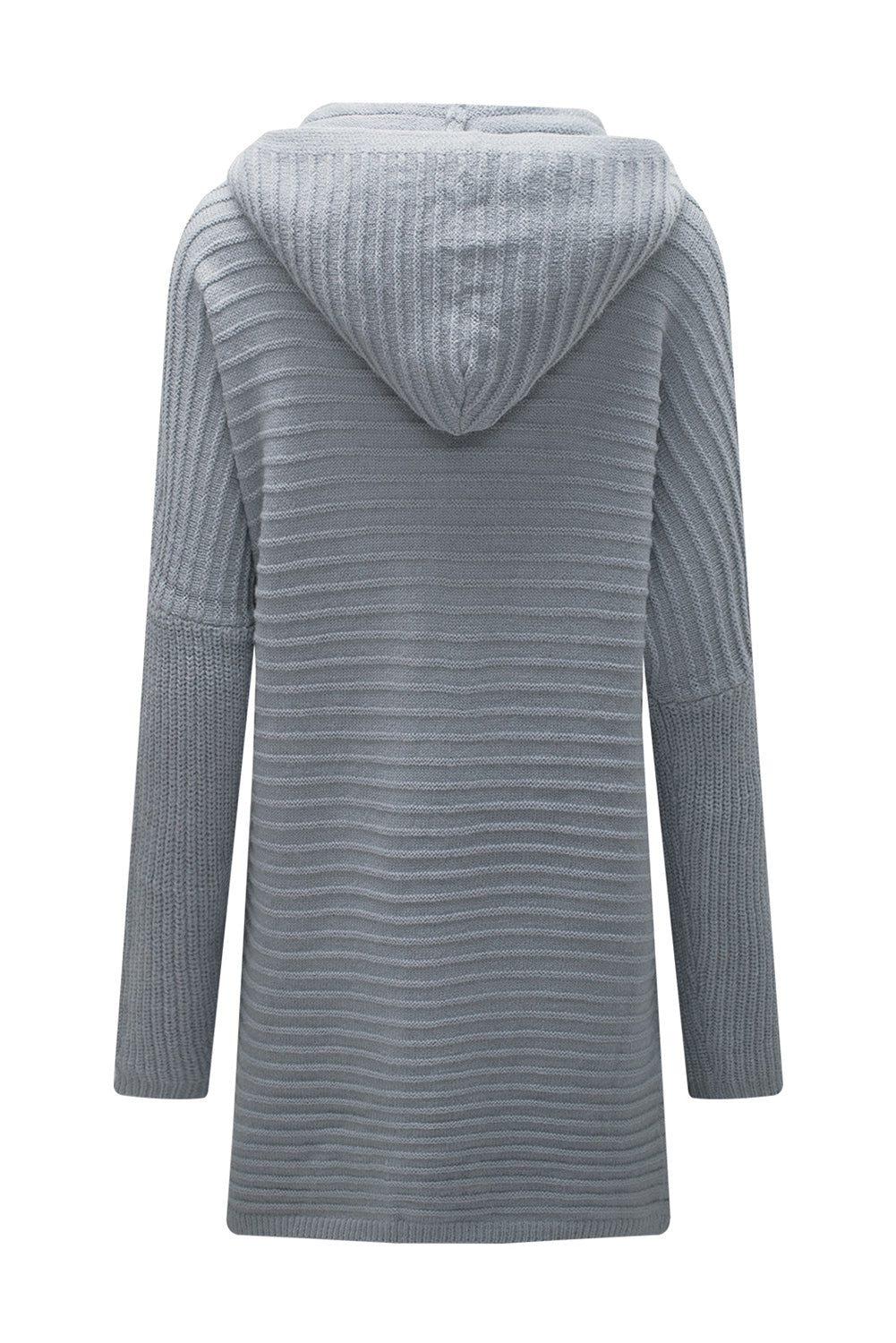 Gray Horizontal Rib Knitted Open Front Hooded Cardigan