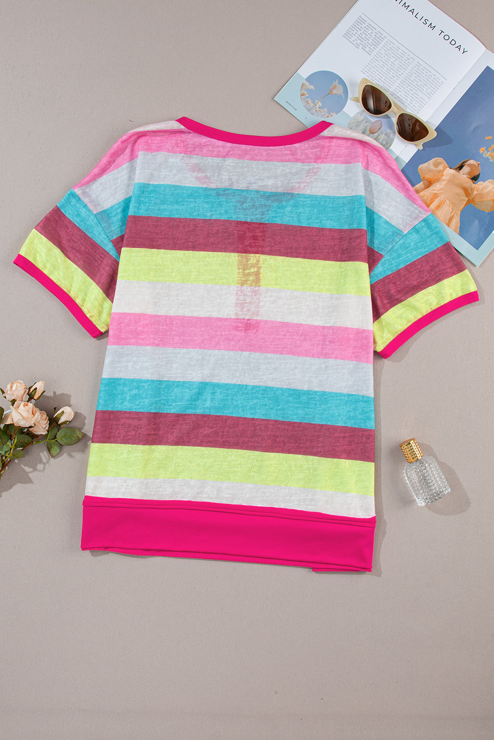 Rose Stripe Plus Size strukturiertes Strick kurzärmel Henley Top