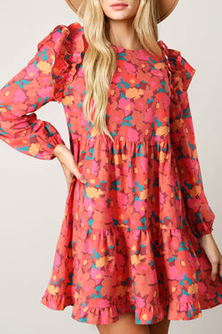 Mini-robe florale à manches longues et épaules volantées rose rouge